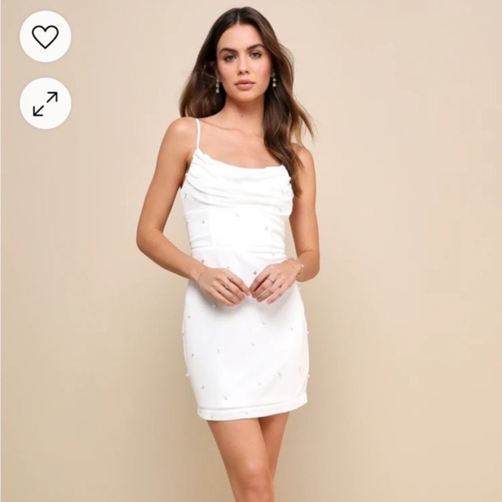 Lulus Toast to Romance White Ruched Pearl Bodycon Midi Dress – Size M – NWT